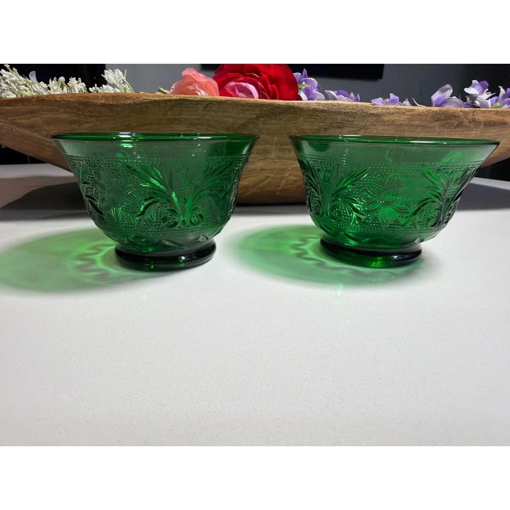 Vintage Emerald Green Glass Floral Pressed‎ Dessert Custard Bowls Set of 2
